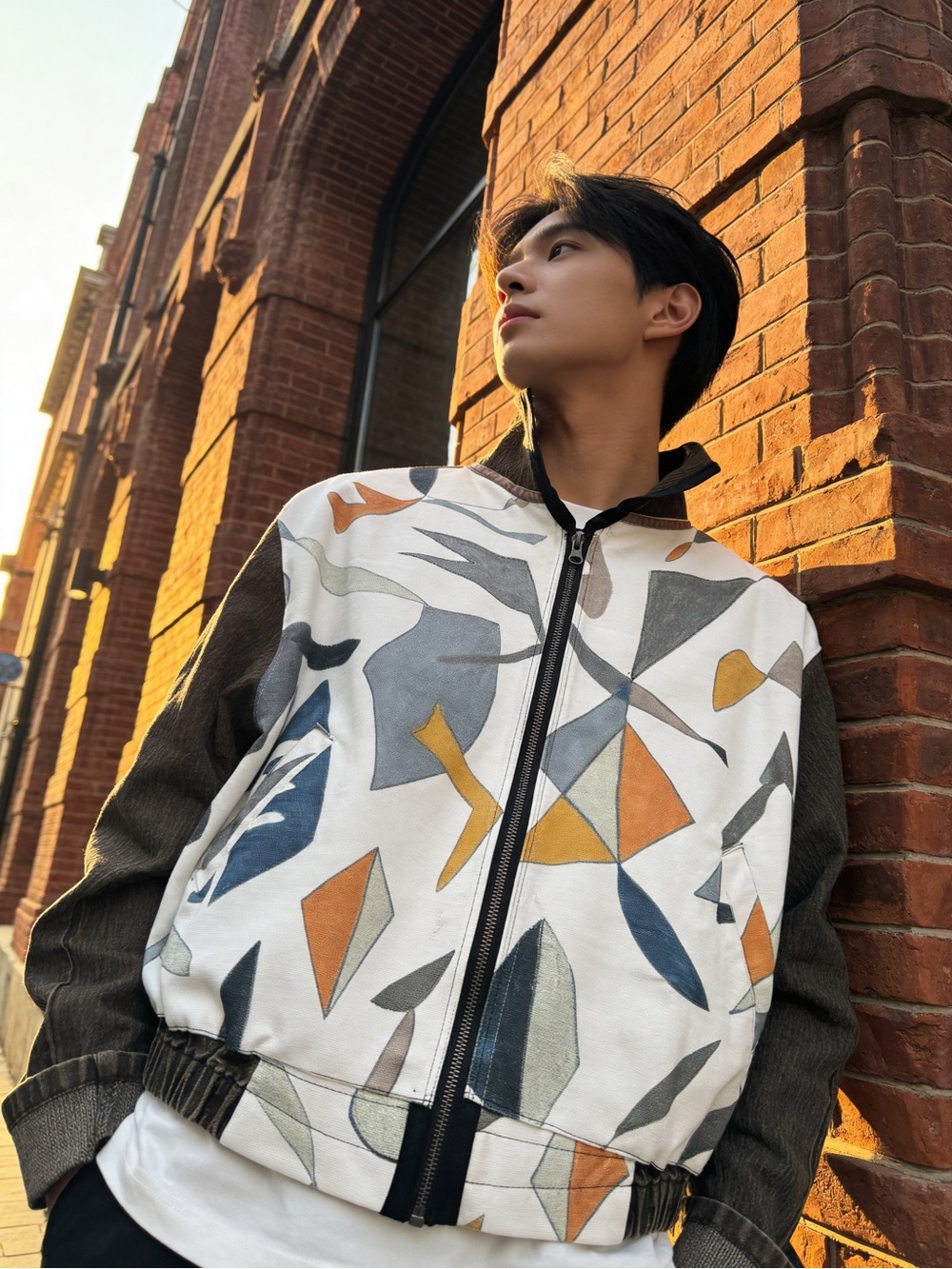 Abstract Print Zip-Front Jacket in Brown & Multicolor